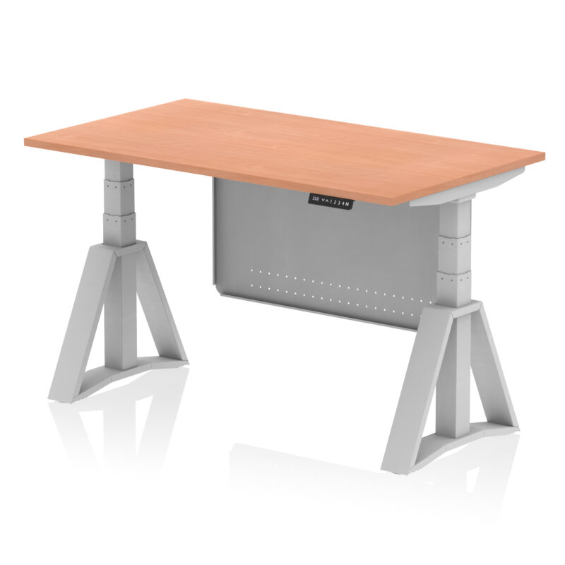 air height adjustable desk without cable ports with steel modesty panel with piste foot