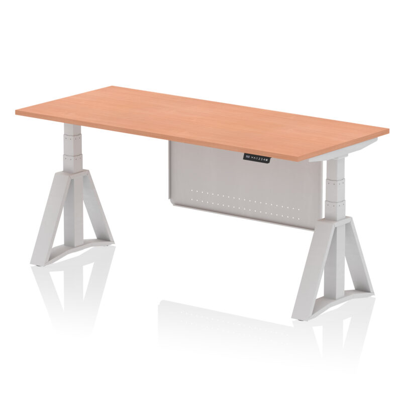 air height adjustable desk without cable ports with steel modesty panel with piste foot
