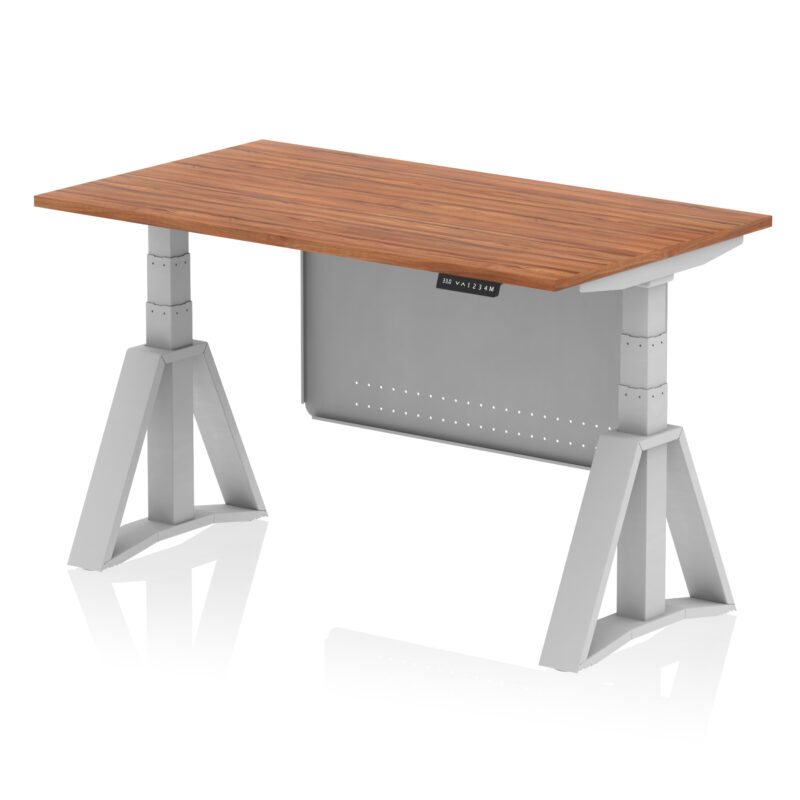 air height adjustable desk without cable ports with steel modesty panel with piste foot