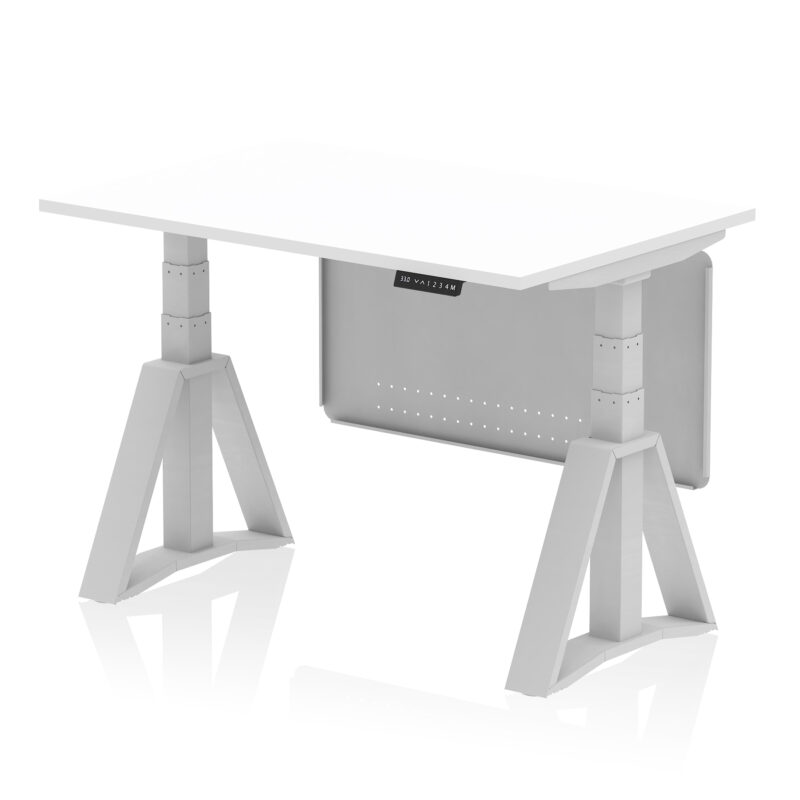 air height adjustable desk without cable ports with steel modesty panel with piste foot