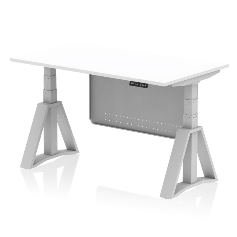 air height adjustable desk without cable ports with steel modesty panel with piste foot