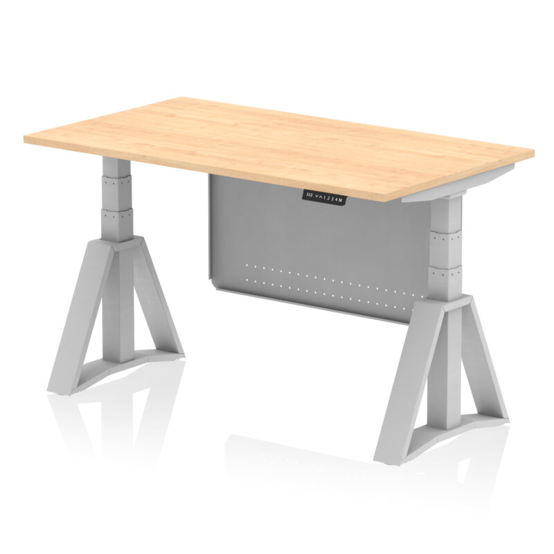 air height adjustable desk without cable ports with steel modesty panel with piste foot