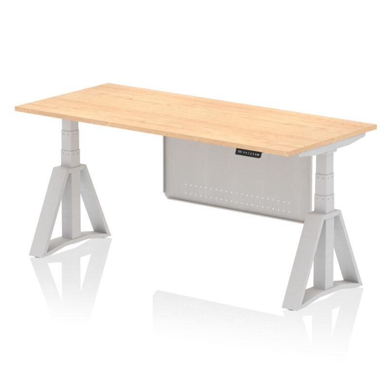 air height adjustable desk without cable ports with steel modesty panel with piste foot