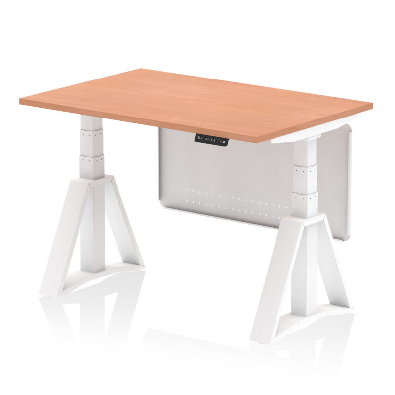 air height adjustable desk without cable ports with steel modesty panel with piste foot