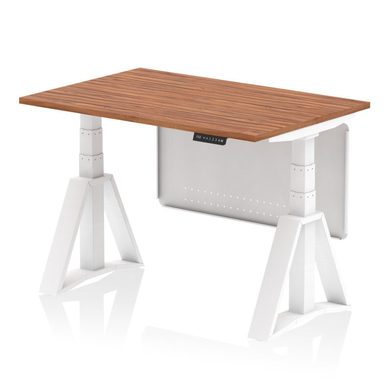 air height adjustable desk without cable ports with steel modesty panel with piste foot