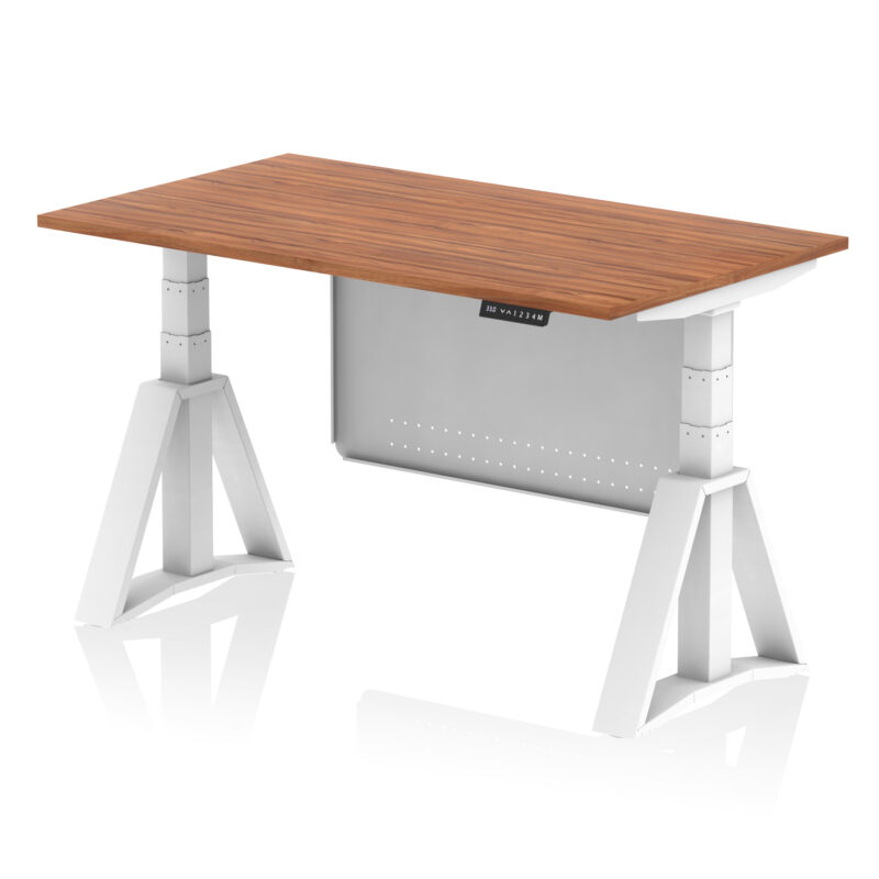 air height adjustable desk without cable ports with steel modesty panel with piste foot