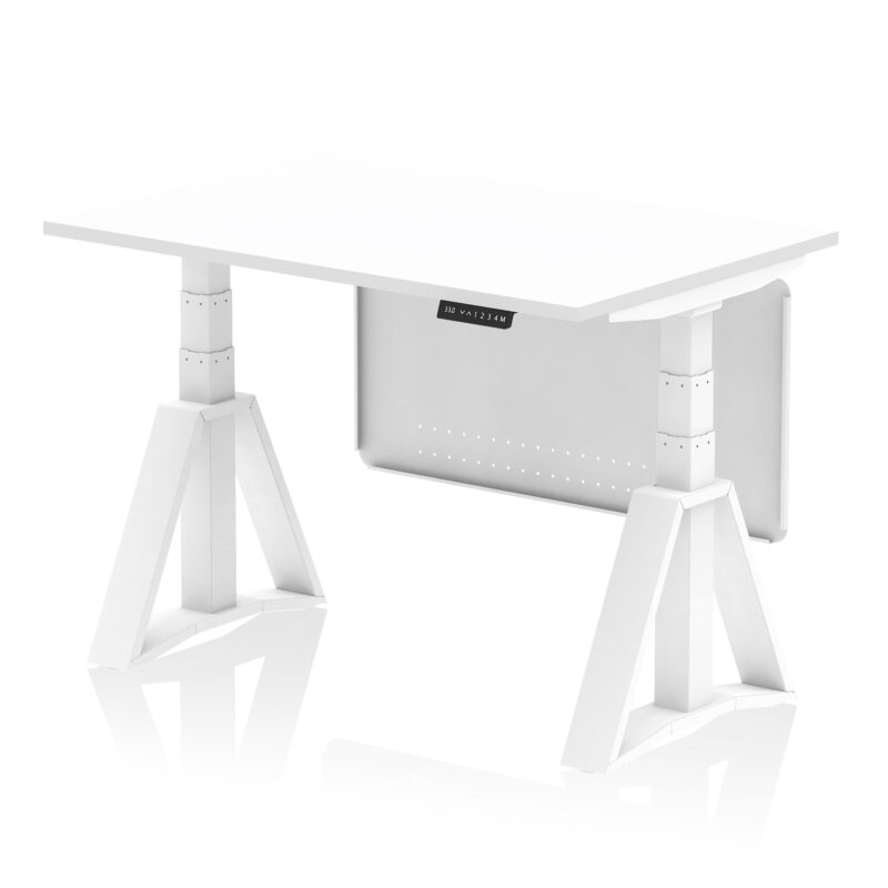 air height adjustable desk without cable ports with steel modesty panel with piste foot