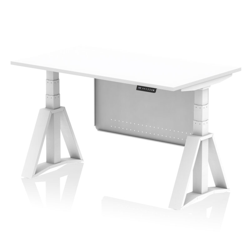 air height adjustable desk without cable ports with steel modesty panel with piste foot