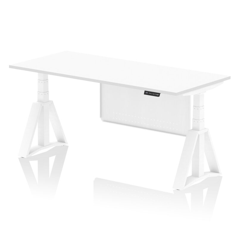 air height adjustable desk without cable ports with steel modesty panel with piste foot
