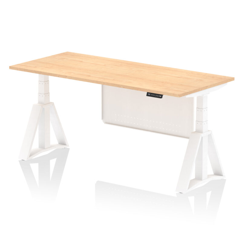 air height adjustable desk without cable ports with steel modesty panel with piste foot