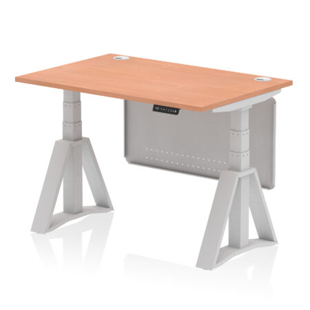 air height adjustable desk with cable ports with steel modesty panel with piste foot