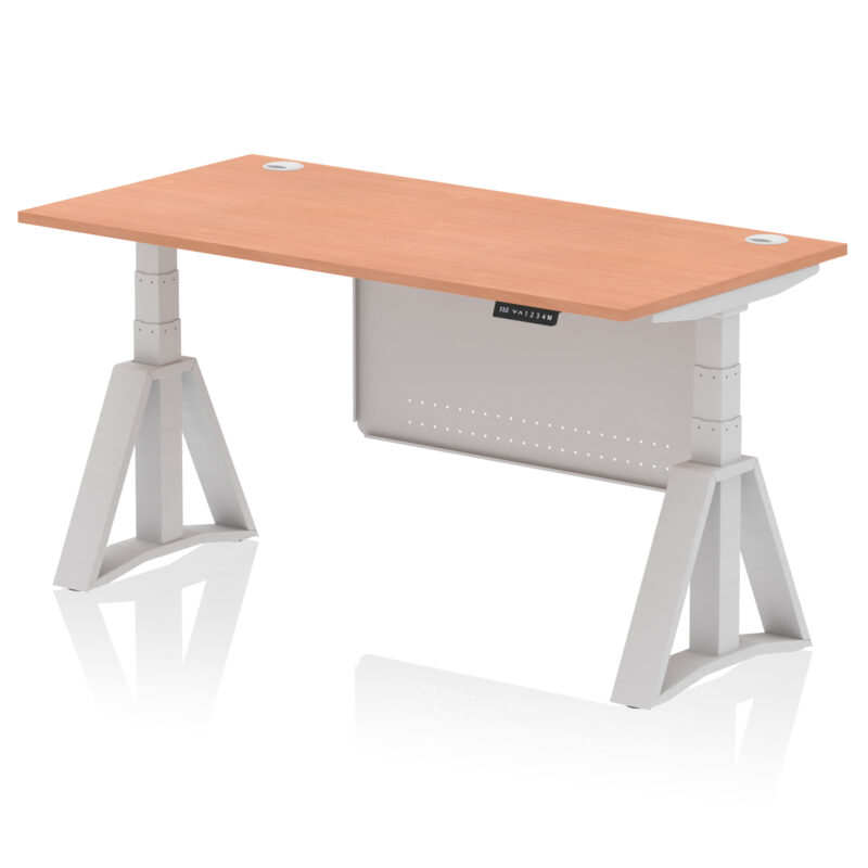 air height adjustable desk with cable ports with steel modesty panel with piste foot