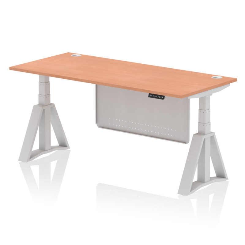 air height adjustable desk with cable ports with steel modesty panel with piste foot