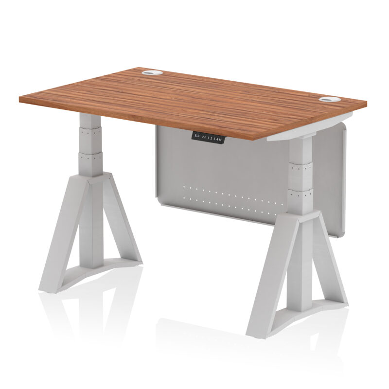 air height adjustable desk with cable ports with steel modesty panel with piste foot