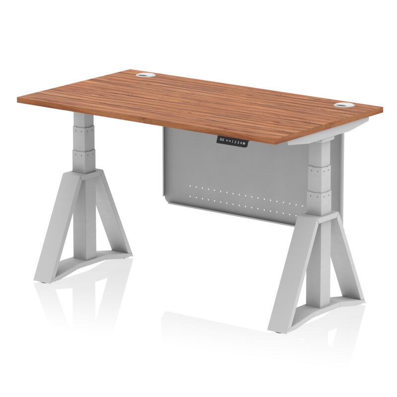 air height adjustable desk with cable ports with steel modesty panel with piste foot