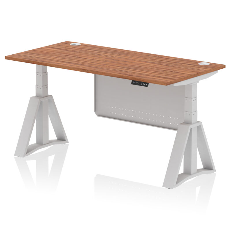 air height adjustable desk with cable ports with steel modesty panel with piste foot