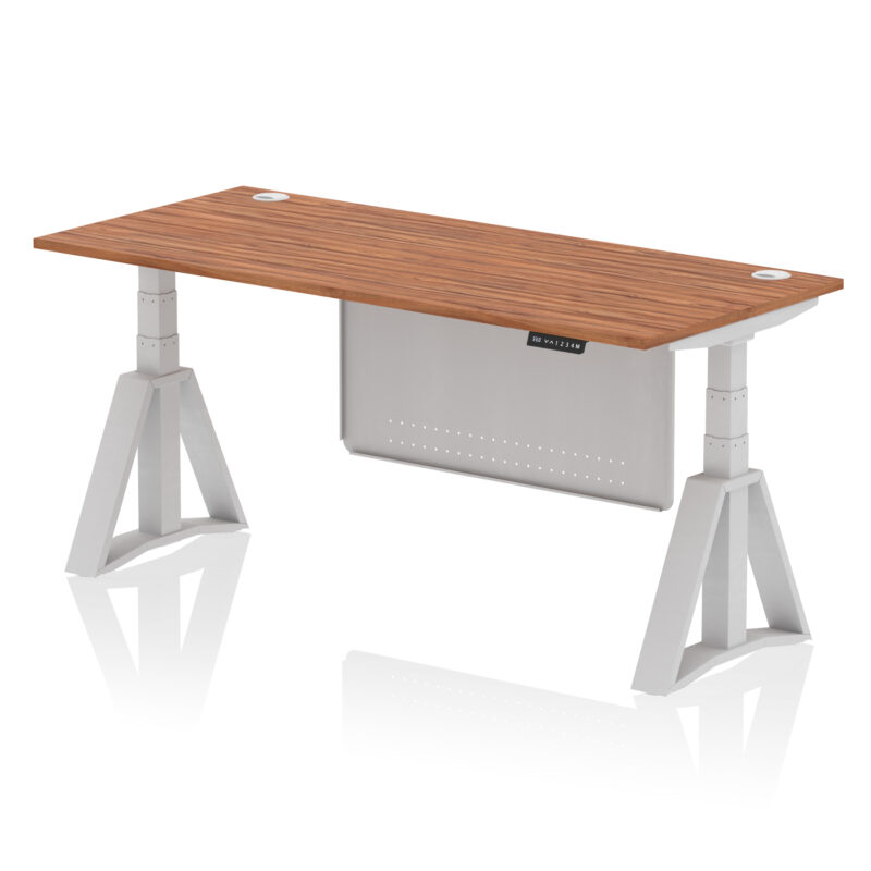 air height adjustable desk with cable ports with steel modesty panel with piste foot