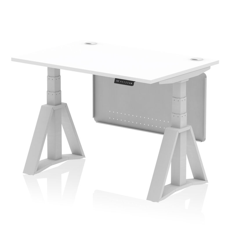 air height adjustable desk with cable ports with steel modesty panel with piste foot