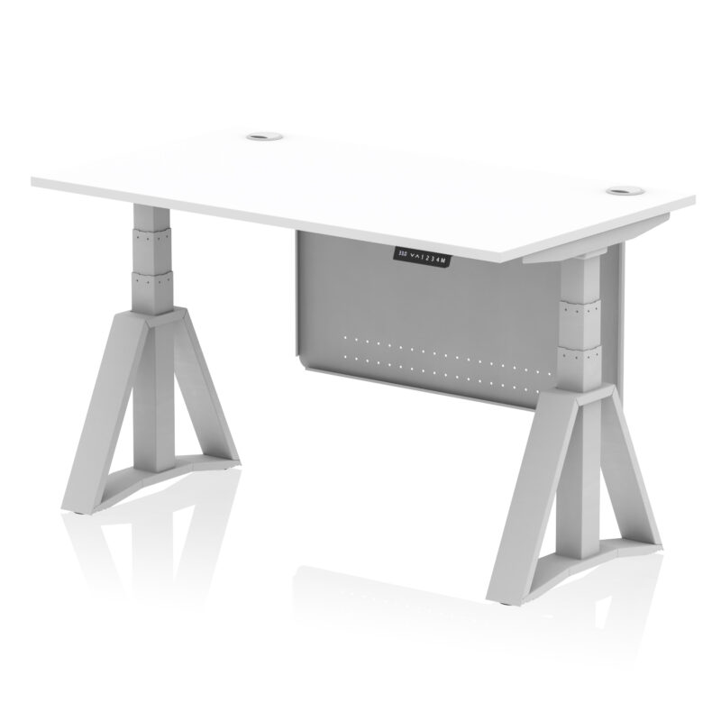 air height adjustable desk with cable ports with steel modesty panel with piste foot
