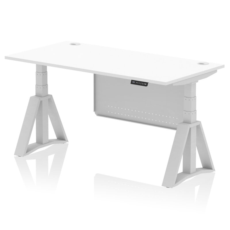 air height adjustable desk with cable ports with steel modesty panel with piste foot