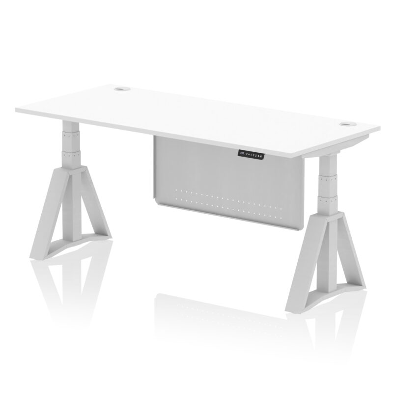 air height adjustable desk with cable ports with steel modesty panel with piste foot