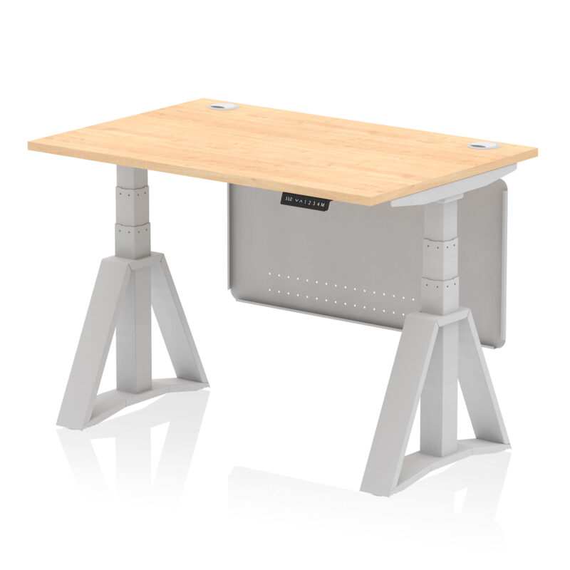 air height adjustable desk with cable ports with steel modesty panel with piste foot
