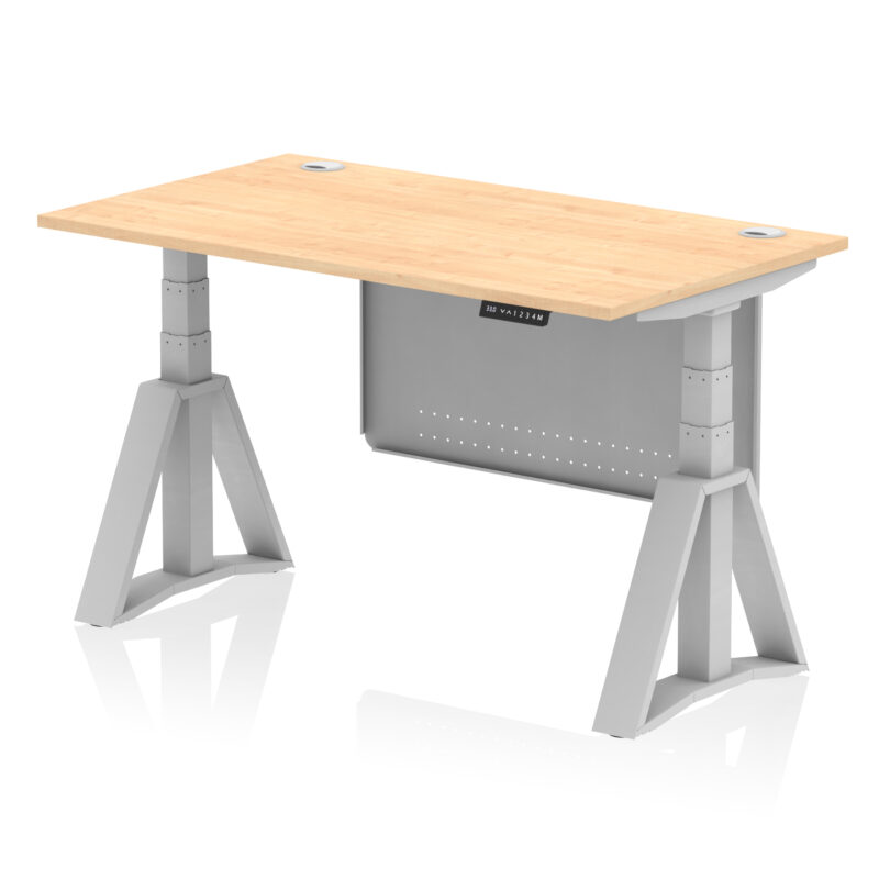 air height adjustable desk with cable ports with steel modesty panel with piste foot