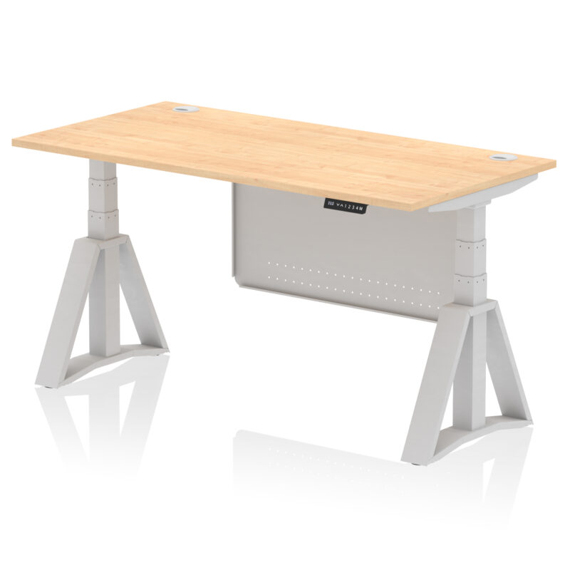 air height adjustable desk with cable ports with steel modesty panel with piste foot