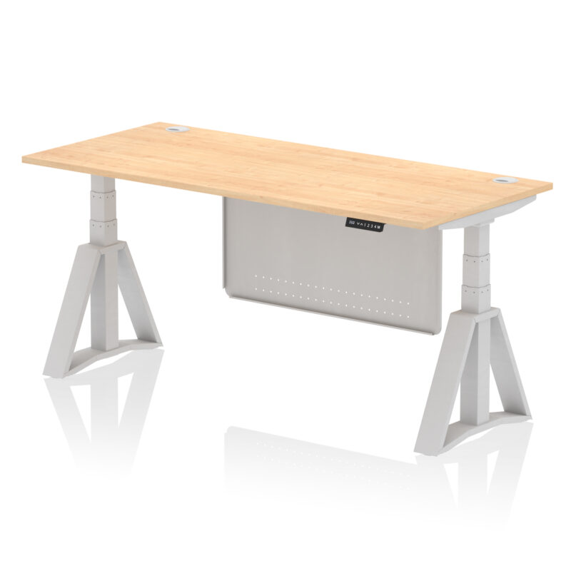 air height adjustable desk with cable ports with steel modesty panel with piste foot