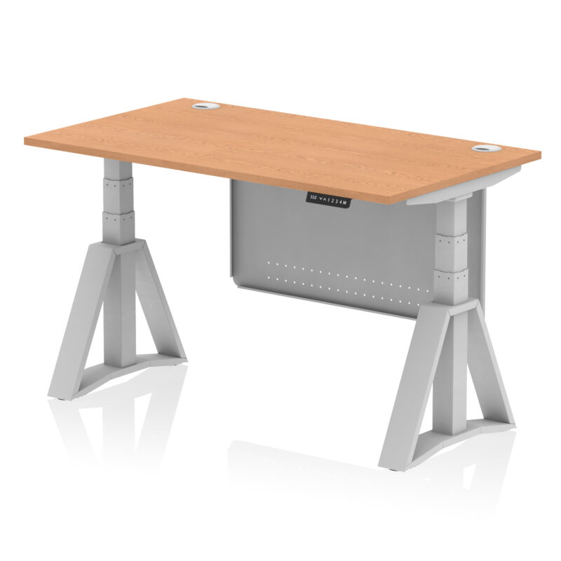 air height adjustable desk with cable ports with steel modesty panel with piste foot
