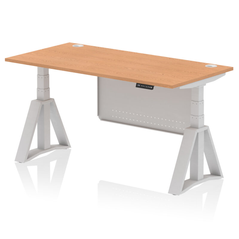 air height adjustable desk with cable ports with steel modesty panel with piste foot