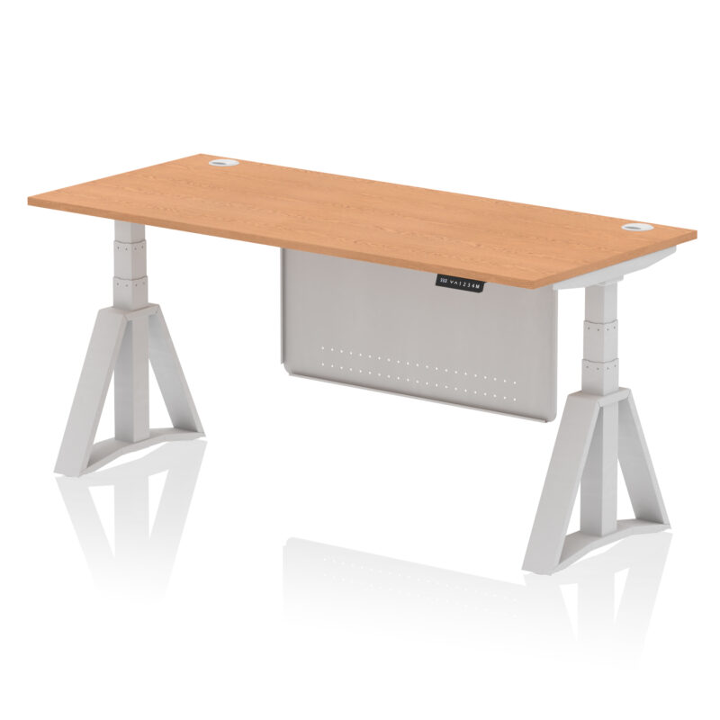 air height adjustable desk with cable ports with steel modesty panel with piste foot
