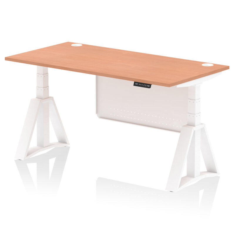 air height adjustable desk with cable ports with steel modesty panel with piste foot