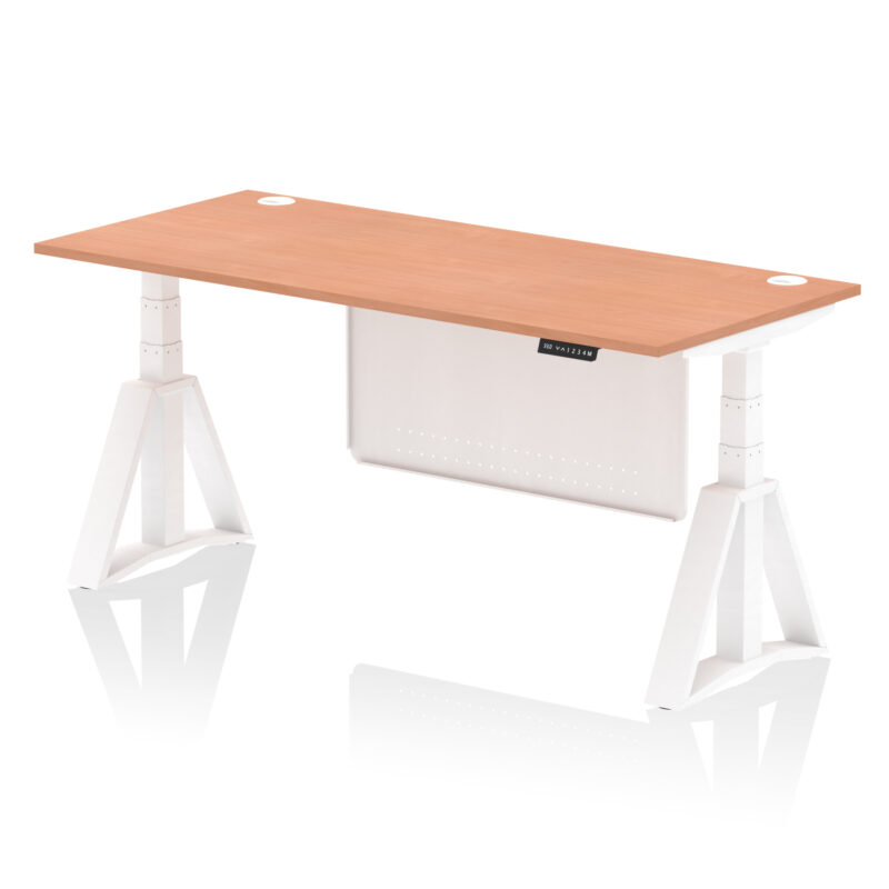 air height adjustable desk with cable ports with steel modesty panel with piste foot