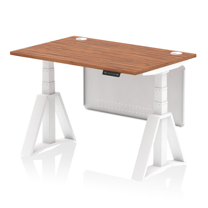 air height adjustable desk with cable ports with steel modesty panel with piste foot