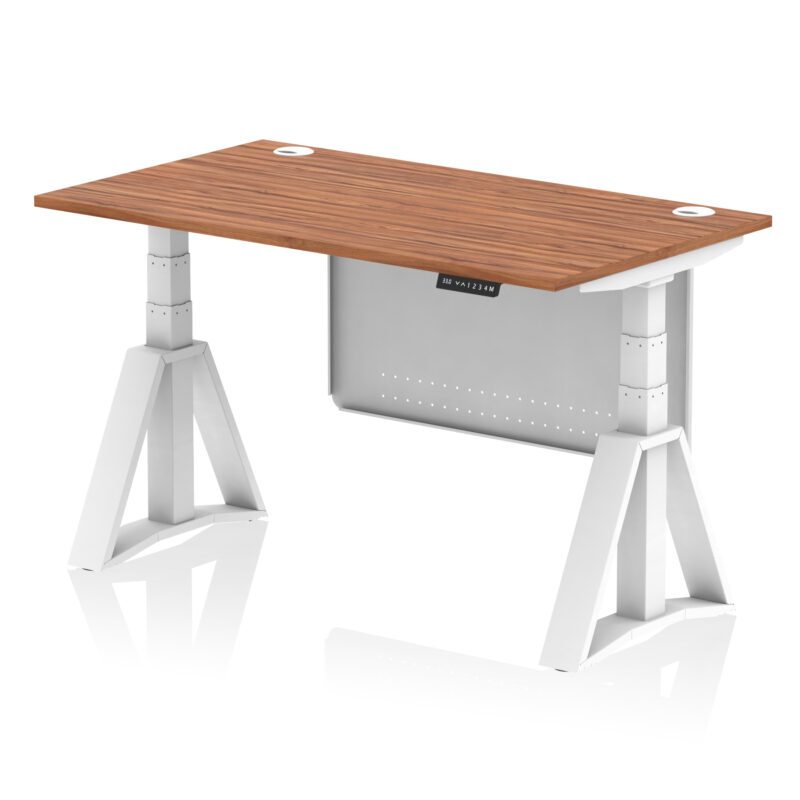 air height adjustable desk with cable ports with steel modesty panel with piste foot