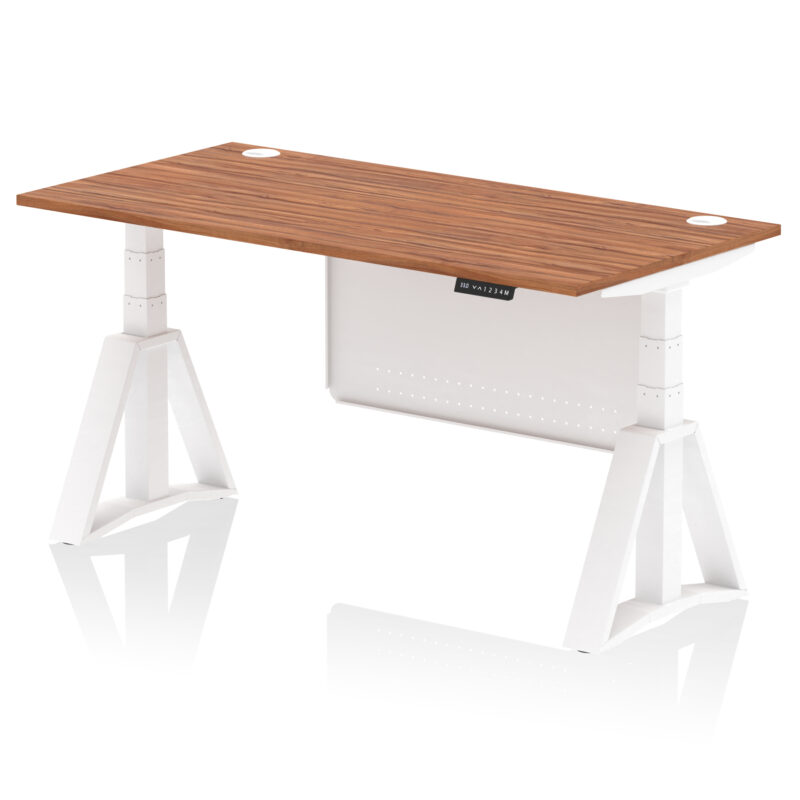 air height adjustable desk with cable ports with steel modesty panel with piste foot