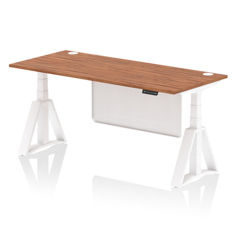 air height adjustable desk with cable ports with steel modesty panel with piste foot