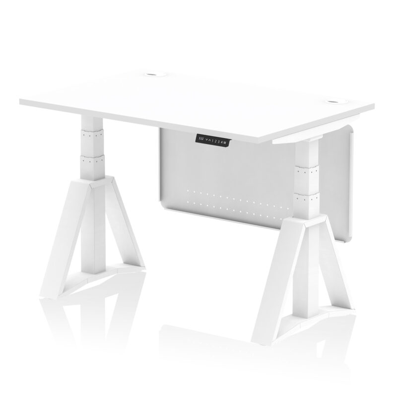 air height adjustable desk with cable ports with steel modesty panel with piste foot