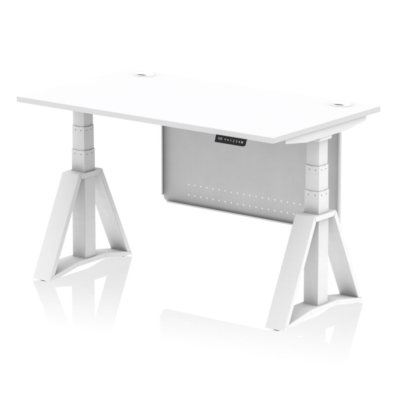 air height adjustable desk with cable ports with steel modesty panel with piste foot