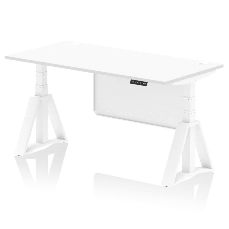 air height adjustable desk with cable ports with steel modesty panel with piste foot
