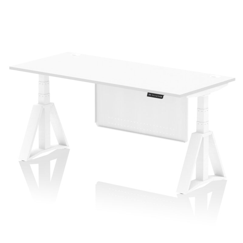 air height adjustable desk with cable ports with steel modesty panel with piste foot