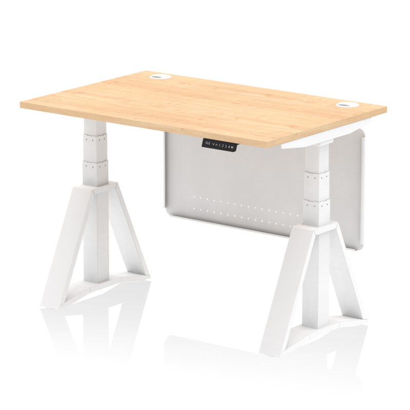 air height adjustable desk with cable ports with steel modesty panel with piste foot