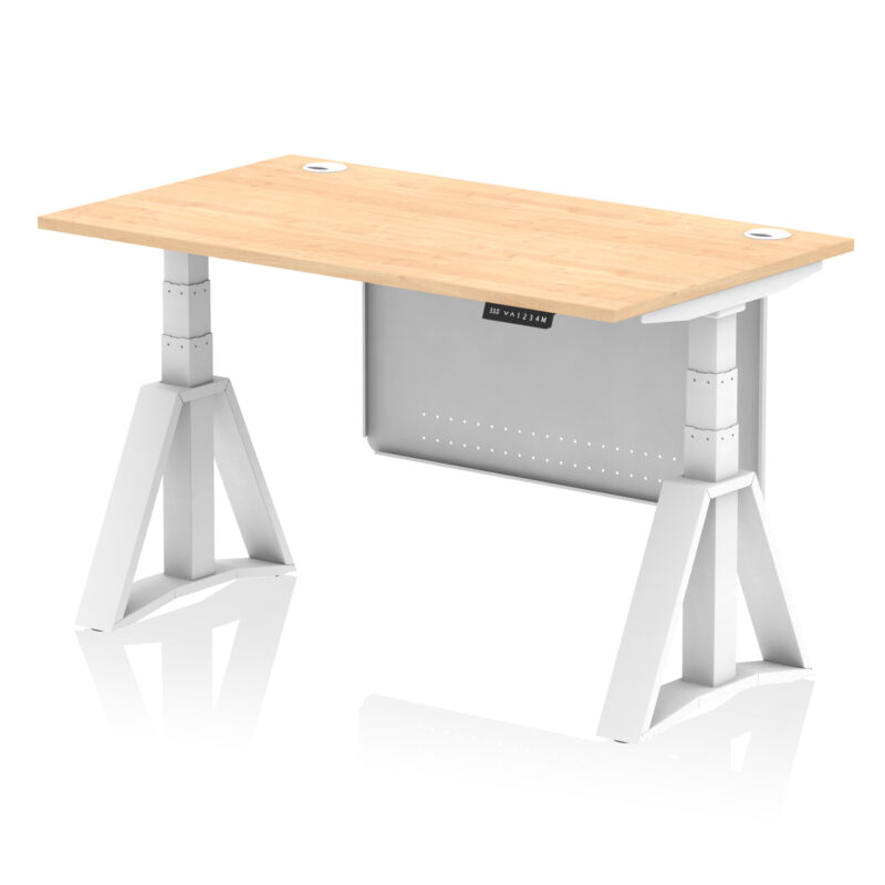 air height adjustable desk with cable ports with steel modesty panel with piste foot