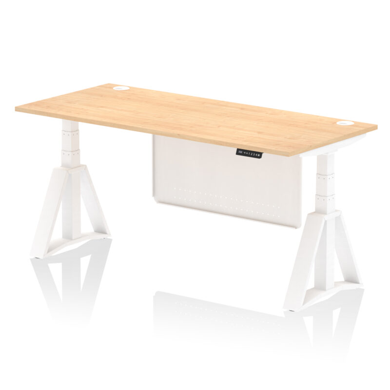air height adjustable desk with cable ports with steel modesty panel with piste foot