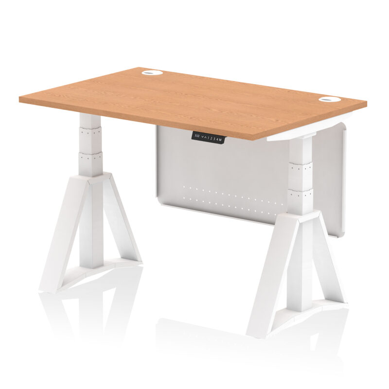 air height adjustable desk with cable ports with steel modesty panel with piste foot