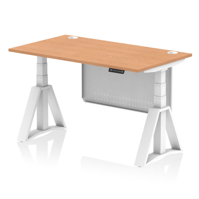 air height adjustable desk with cable ports with steel modesty panel with piste foot