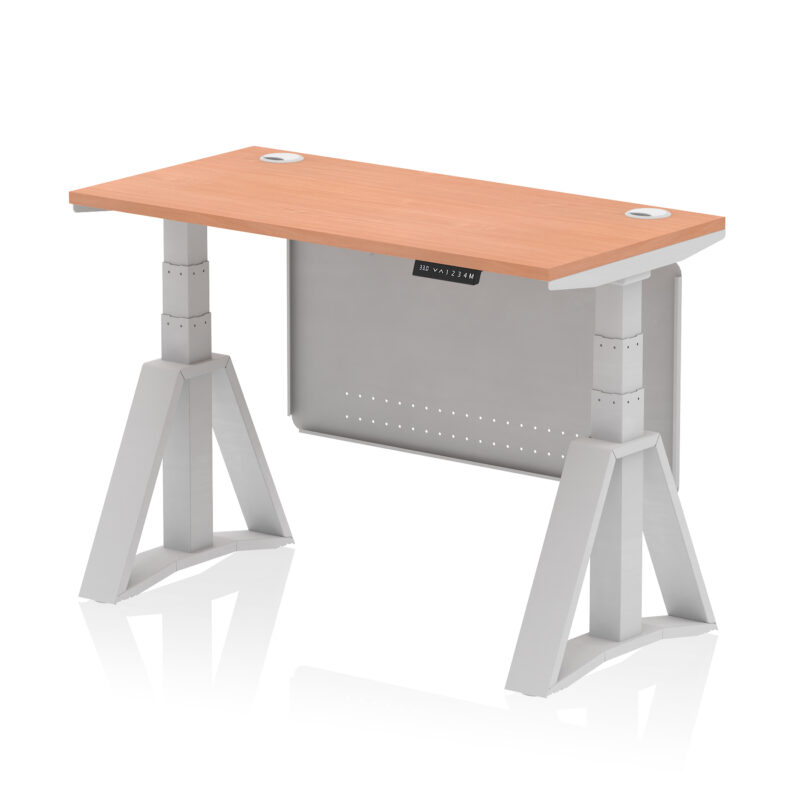 air height adjustable slimline desk with cable ports with steel modesty panel with piste foot