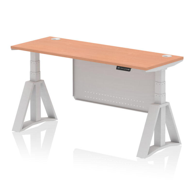 air height adjustable slimline desk with cable ports with steel modesty panel with piste foot
