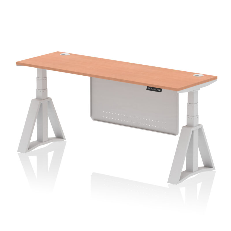 air height adjustable slimline desk with cable ports with steel modesty panel with piste foot